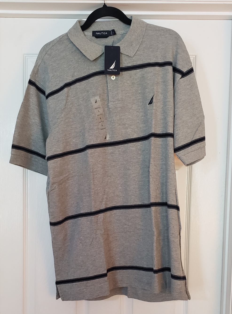 NWT-Nautica Grey Polo with Navy Stripe Accents